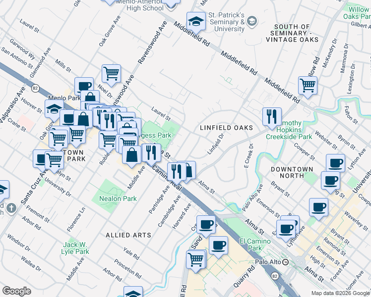 map of restaurants, bars, coffee shops, grocery stores, and more near 411 Waverley Street in Menlo Park