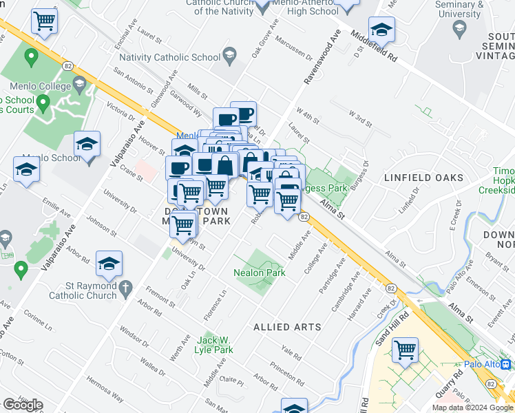 map of restaurants, bars, coffee shops, grocery stores, and more near 877 El Camino Real in Menlo Park