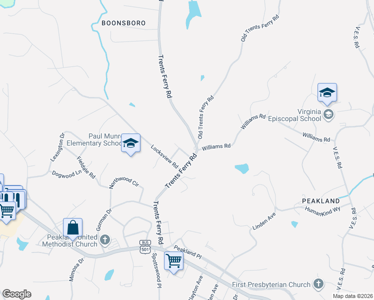 map of restaurants, bars, coffee shops, grocery stores, and more near 1101 Trents Ferry Road in Lynchburg
