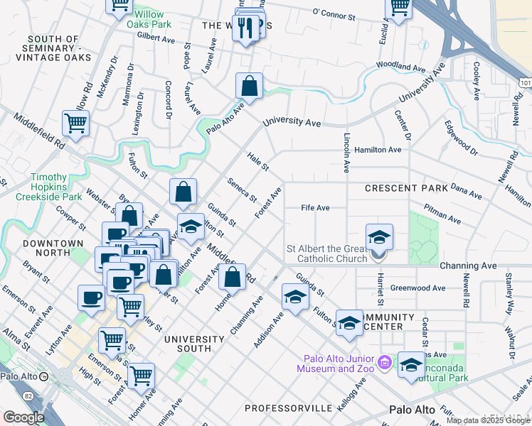 map of restaurants, bars, coffee shops, grocery stores, and more near 890 Forest Avenue in Palo Alto