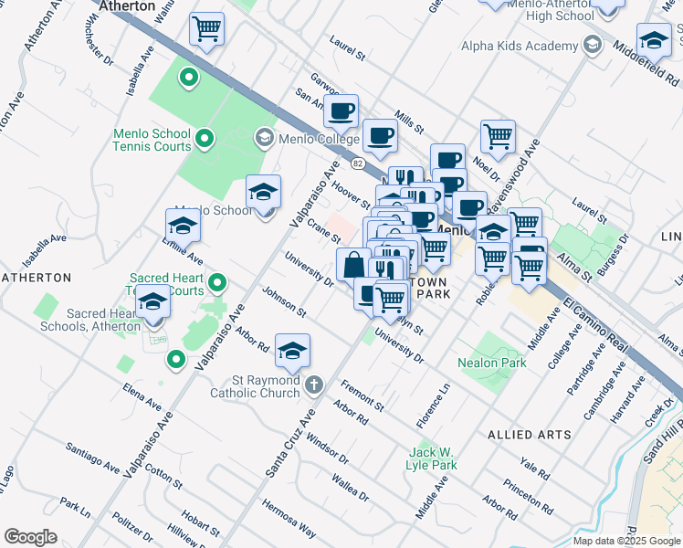 map of restaurants, bars, coffee shops, grocery stores, and more near 800 Oak Grove Avenue in Menlo Park