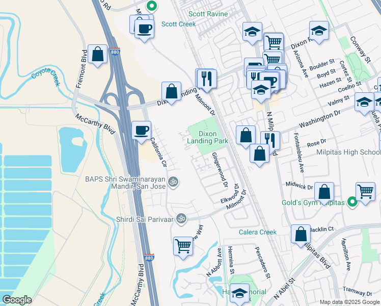 map of restaurants, bars, coffee shops, grocery stores, and more near 438 Alegra Terrace in Milpitas
