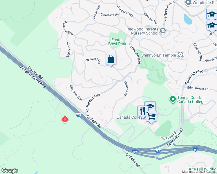map of restaurants, bars, coffee shops, grocery stores, and more near 4214 Jefferson Avenue in Woodside