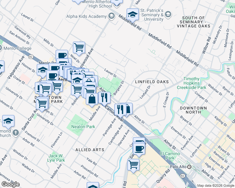 map of restaurants, bars, coffee shops, grocery stores, and more near 461 Burgess Drive in Menlo Park