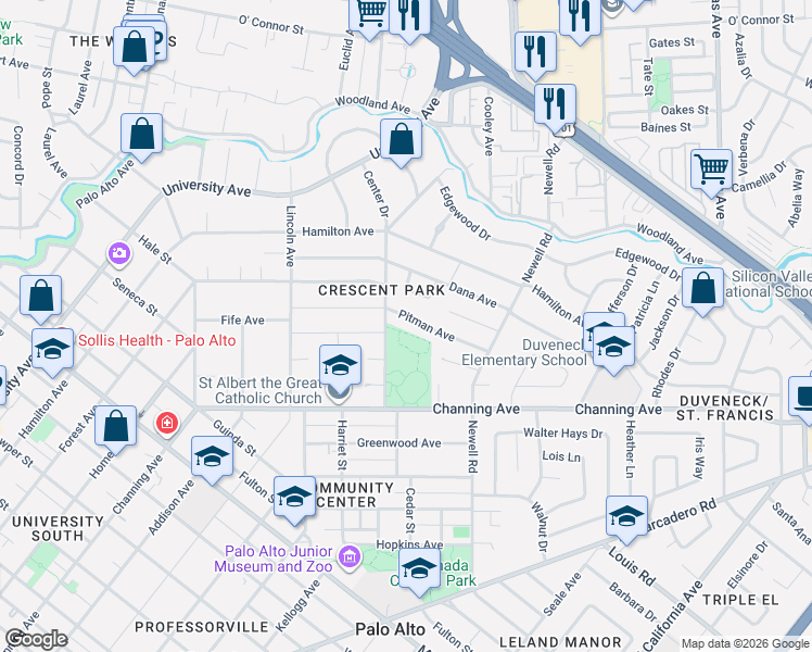 map of restaurants, bars, coffee shops, grocery stores, and more near 734 Ashby Drive in Palo Alto