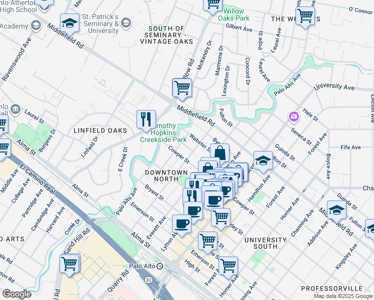 map of restaurants, bars, coffee shops, grocery stores, and more near 145 Tasso Street in Palo Alto