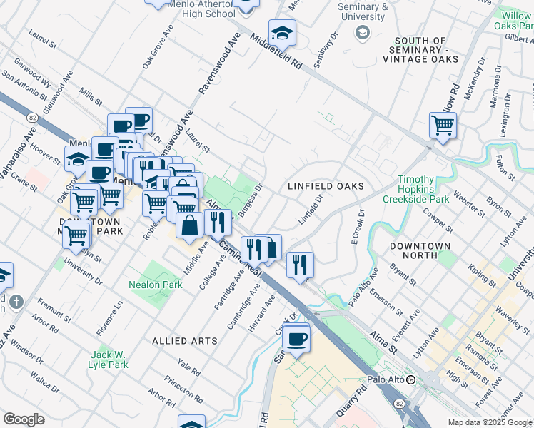 map of restaurants, bars, coffee shops, grocery stores, and more near 411 Waverley Street in Menlo Park