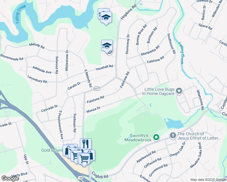 map of restaurants, bars, coffee shops, grocery stores, and more near 3950 Falstone Road in Richmond