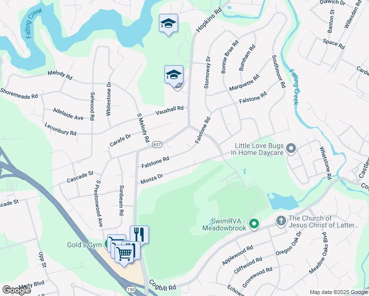 map of restaurants, bars, coffee shops, grocery stores, and more near 3950 Falstone Road in Richmond