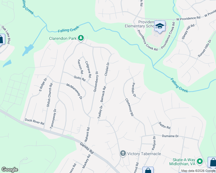 map of restaurants, bars, coffee shops, grocery stores, and more near 3027 Chislet Drive in Midlothian