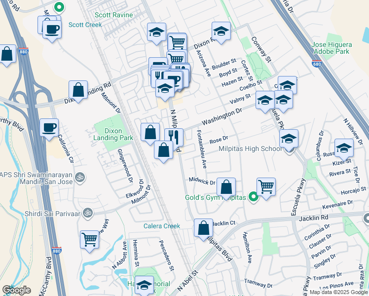 map of restaurants, bars, coffee shops, grocery stores, and more near 710 Arbor Way in Milpitas