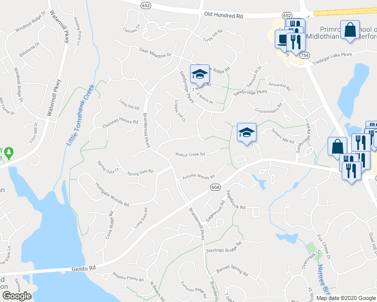 map of restaurants, bars, coffee shops, grocery stores, and more near 14004 Walnut Creek Road in Midlothian
