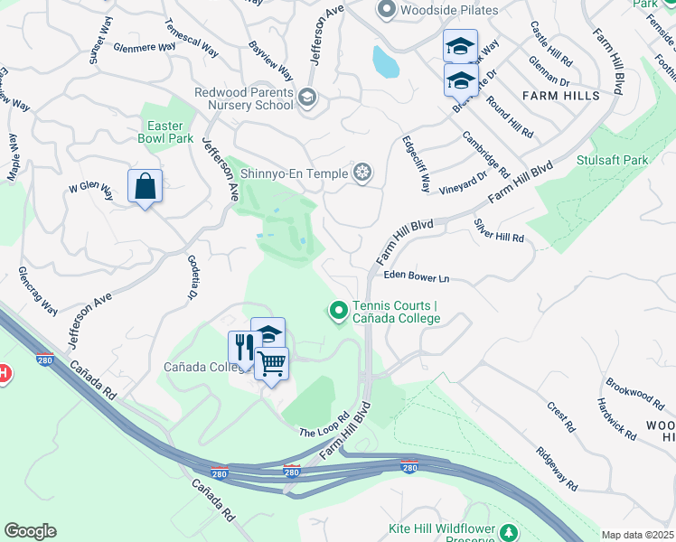 map of restaurants, bars, coffee shops, grocery stores, and more near 4008 Farm Hill Boulevard in Redwood City
