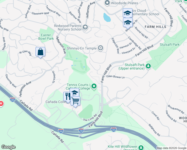 map of restaurants, bars, coffee shops, grocery stores, and more near 4008 Farm Hill Boulevard in Redwood City