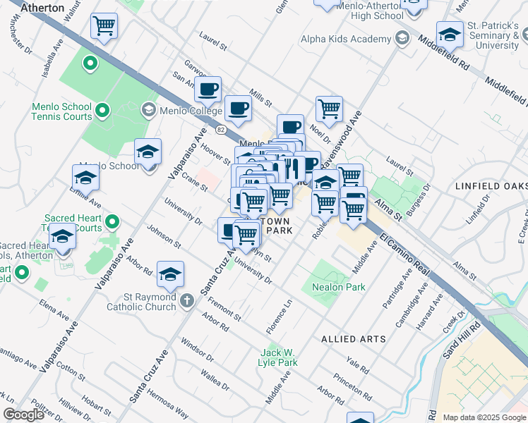 map of restaurants, bars, coffee shops, grocery stores, and more near 701 Santa Cruz Avenue in Menlo Park