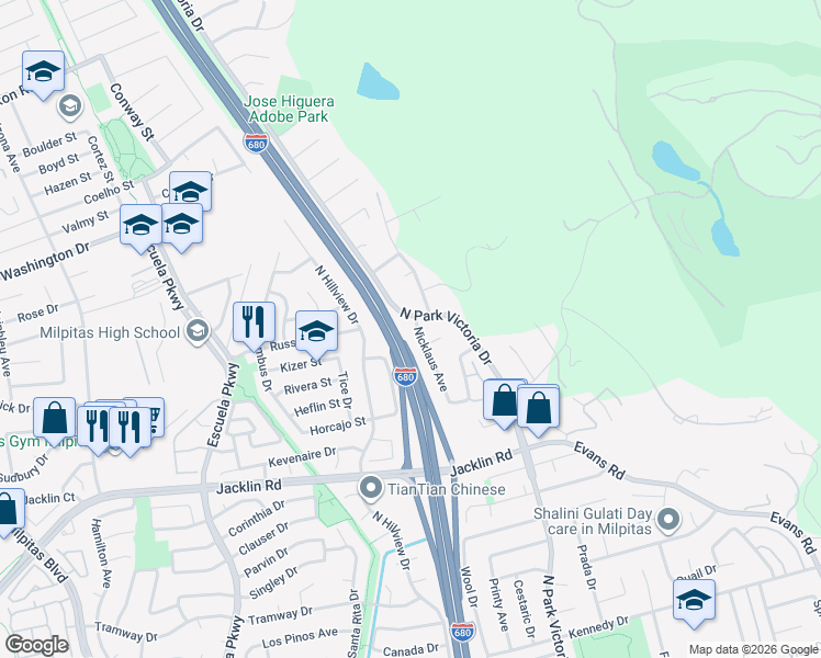 map of restaurants, bars, coffee shops, grocery stores, and more near 1109 El Camino Higuera in Milpitas