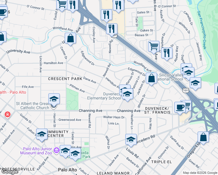 map of restaurants, bars, coffee shops, grocery stores, and more near 663 Newell Road in Palo Alto