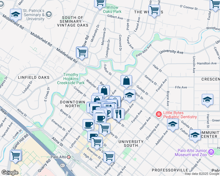 map of restaurants, bars, coffee shops, grocery stores, and more near 329 Middlefield Road in Palo Alto