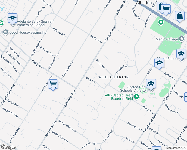 map of restaurants, bars, coffee shops, grocery stores, and more near 35 Barry Lane in Atherton