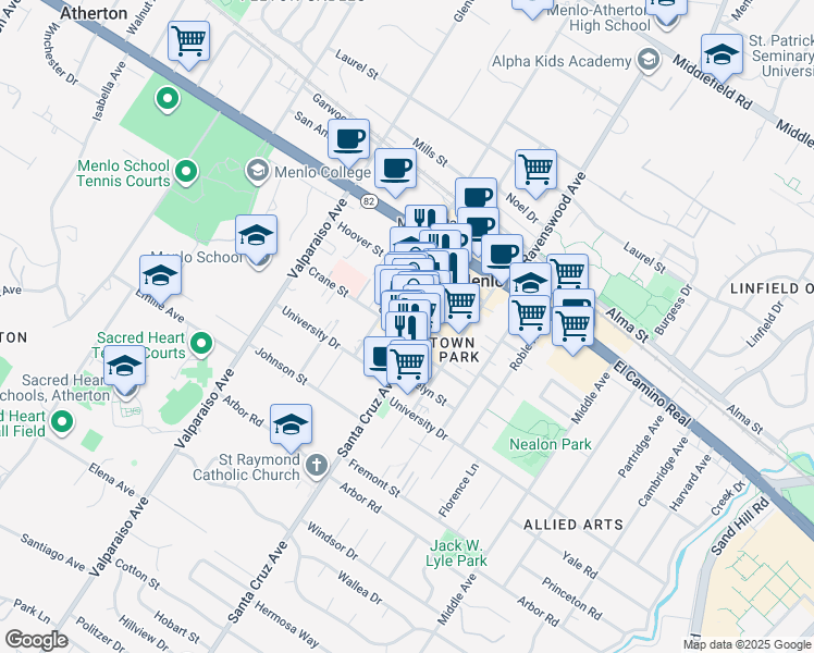 map of restaurants, bars, coffee shops, grocery stores, and more near 1149 Chestnut Street in Menlo Park