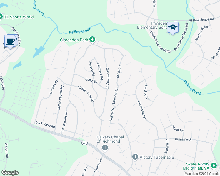 map of restaurants, bars, coffee shops, grocery stores, and more near 2837 Quisenberry Street in Midlothian