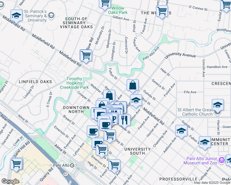 map of restaurants, bars, coffee shops, grocery stores, and more near 329 Middlefield Road in Palo Alto