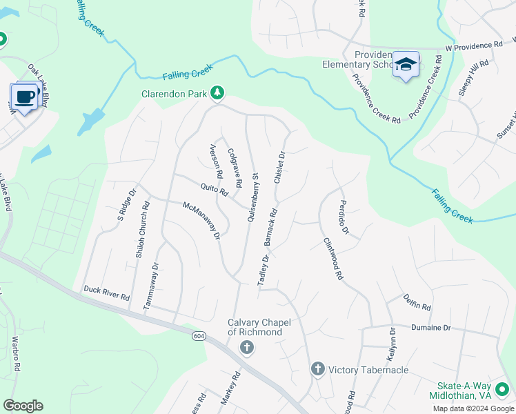 map of restaurants, bars, coffee shops, grocery stores, and more near 2837 Quisenberry Street in Midlothian