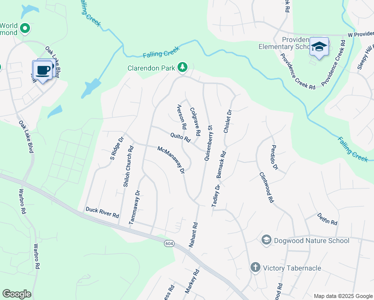 map of restaurants, bars, coffee shops, grocery stores, and more near 2825 Iverson Road in Midlothian