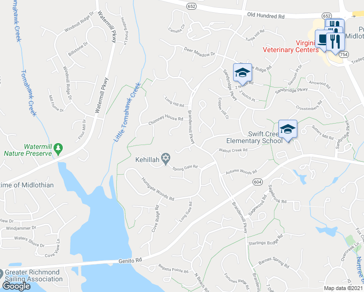 map of restaurants, bars, coffee shops, grocery stores, and more near 14106 Ridge Creek Road in Midlothian