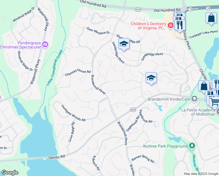 map of restaurants, bars, coffee shops, grocery stores, and more near 14012 Walnut Creek Road in Midlothian
