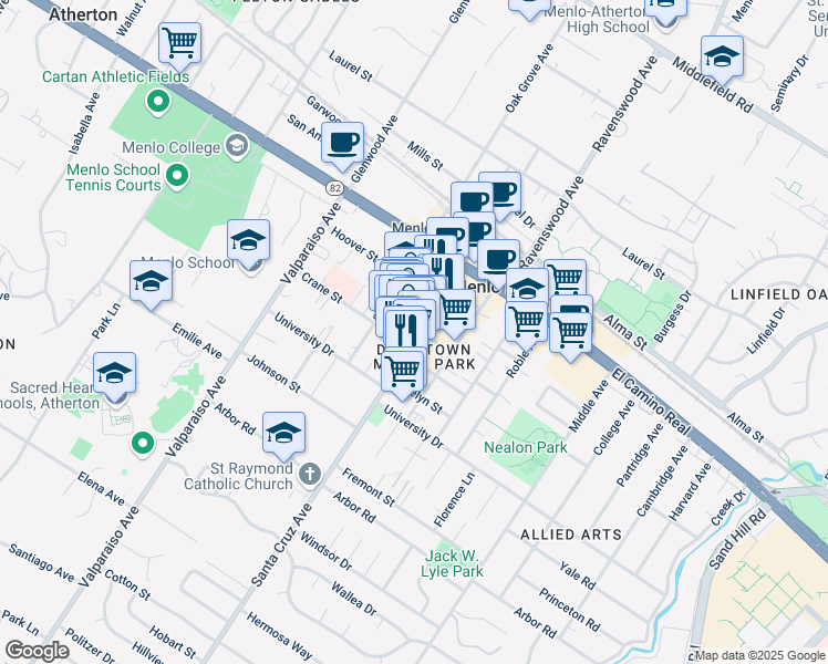 map of restaurants, bars, coffee shops, grocery stores, and more near 1149 Chestnut Street in Menlo Park