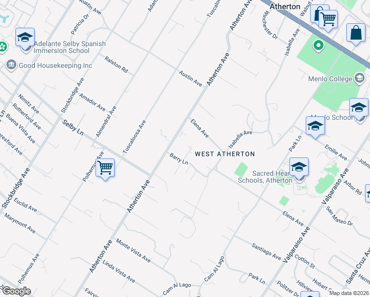 map of restaurants, bars, coffee shops, grocery stores, and more near 35 Barry Lane in Atherton