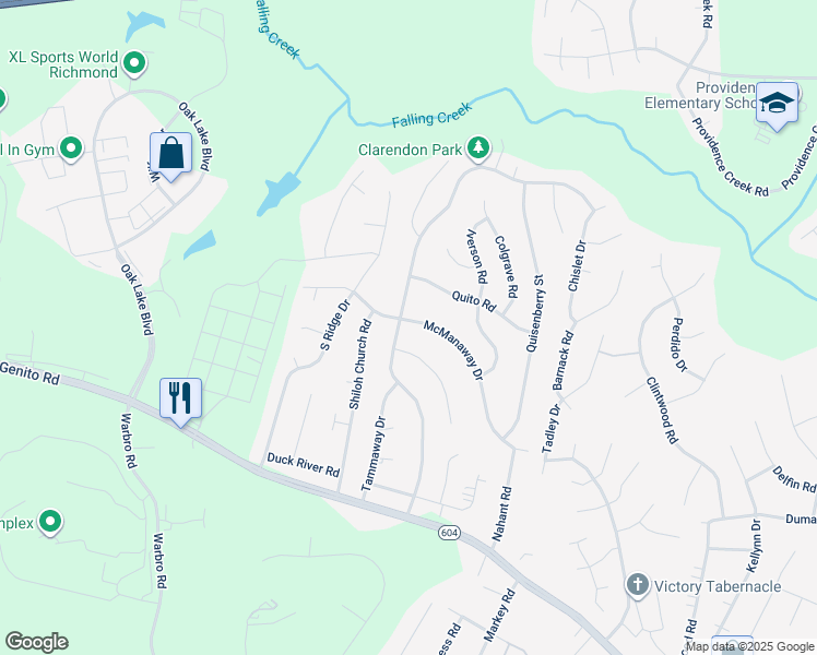 map of restaurants, bars, coffee shops, grocery stores, and more near 2801 Brookforest Road in Midlothian