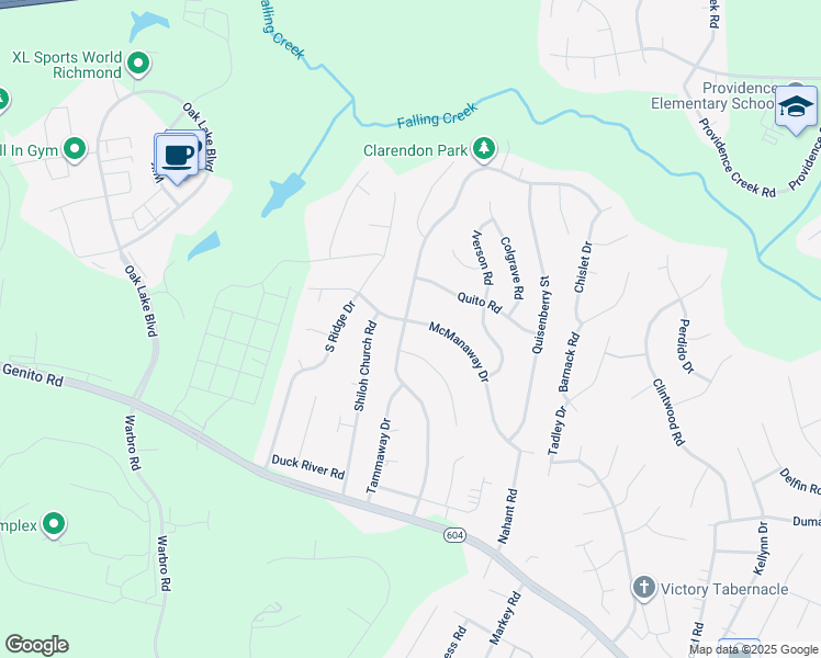 map of restaurants, bars, coffee shops, grocery stores, and more near 2801 Brookforest Road in Midlothian