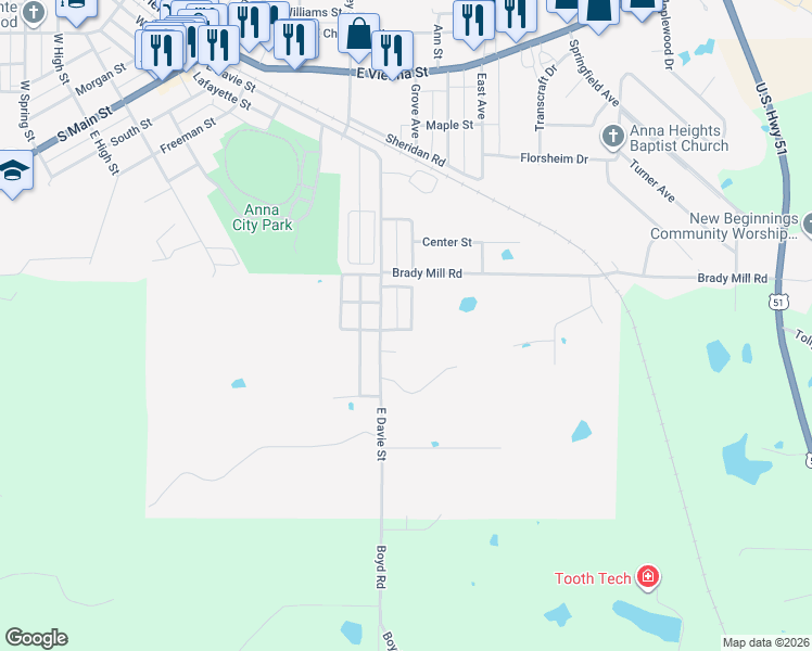map of restaurants, bars, coffee shops, grocery stores, and more near 125 Belcher Street in Anna