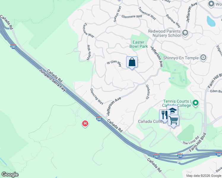 map of restaurants, bars, coffee shops, grocery stores, and more near 643 Woodside Way in Woodside