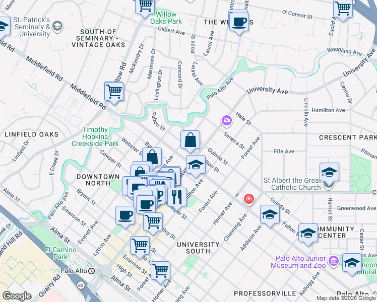 map of restaurants, bars, coffee shops, grocery stores, and more near 417 Fulton Street in Palo Alto