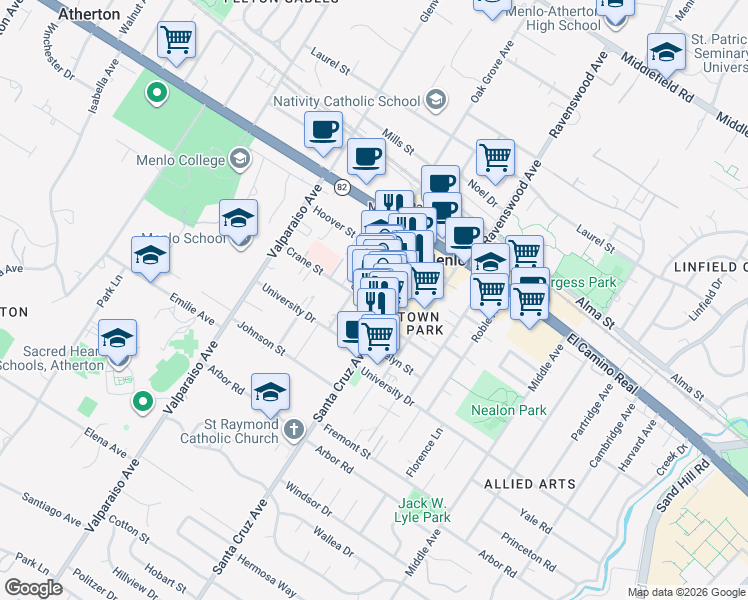 map of restaurants, bars, coffee shops, grocery stores, and more near 1149 Chestnut Street in Menlo Park