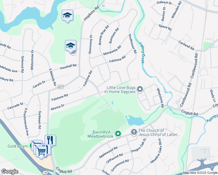 map of restaurants, bars, coffee shops, grocery stores, and more near 3700 Monza Drive in Richmond