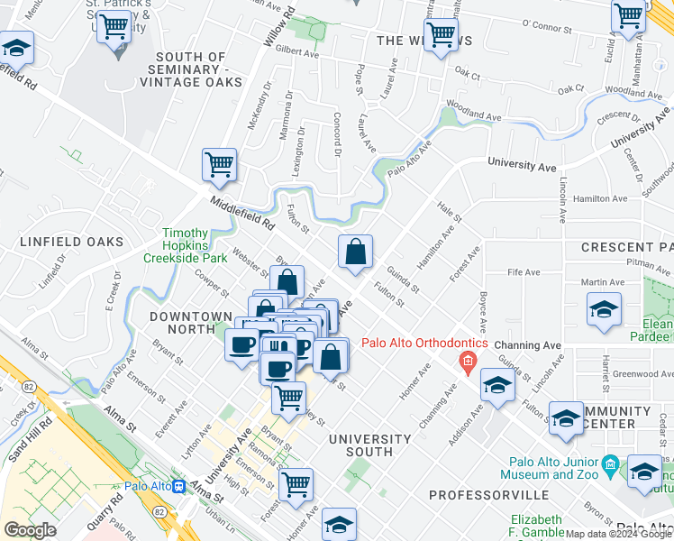 map of restaurants, bars, coffee shops, grocery stores, and more near 405 Middlefield Road in Palo Alto