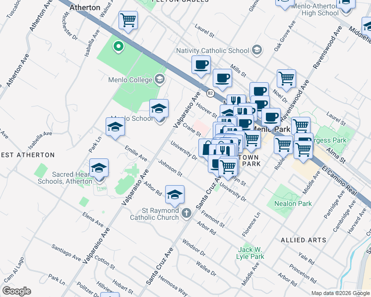 map of restaurants, bars, coffee shops, grocery stores, and more near 1314 University Drive in Menlo Park