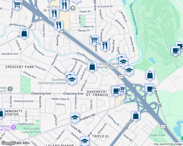 map of restaurants, bars, coffee shops, grocery stores, and more near 527 Rhodes Drive in Palo Alto