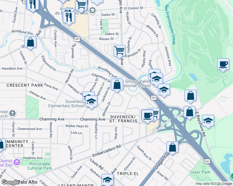 map of restaurants, bars, coffee shops, grocery stores, and more near 527 Rhodes Drive in Palo Alto
