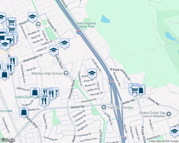 map of restaurants, bars, coffee shops, grocery stores, and more near 839 Nieves Street in Milpitas