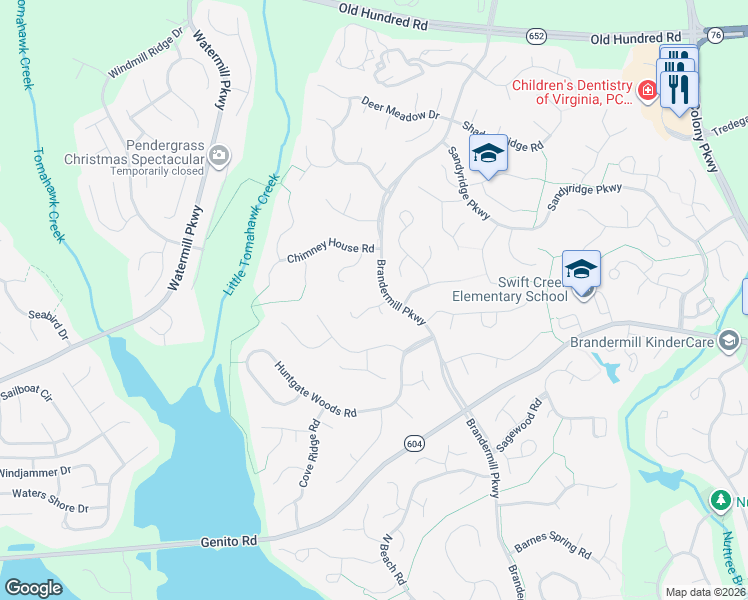 map of restaurants, bars, coffee shops, grocery stores, and more near 2516 Chimney House Court in Midlothian