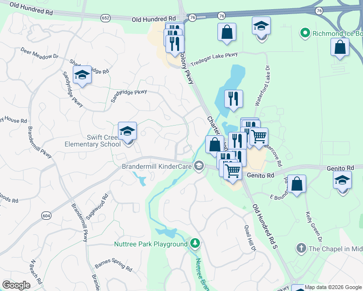 map of restaurants, bars, coffee shops, grocery stores, and more near 13709 Sutters Mill Circle in Midlothian