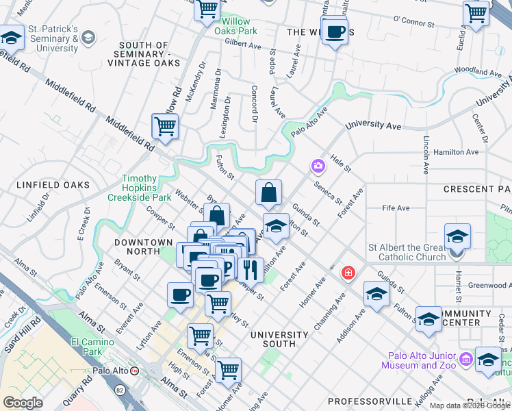 map of restaurants, bars, coffee shops, grocery stores, and more near 417 Fulton Street in Palo Alto