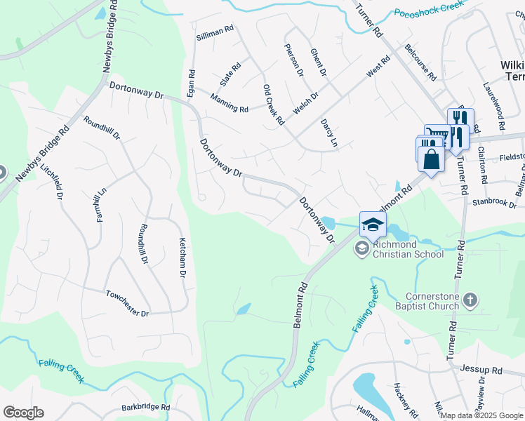 map of restaurants, bars, coffee shops, grocery stores, and more near 6914 Windy Creek Terrace in Chesterfield