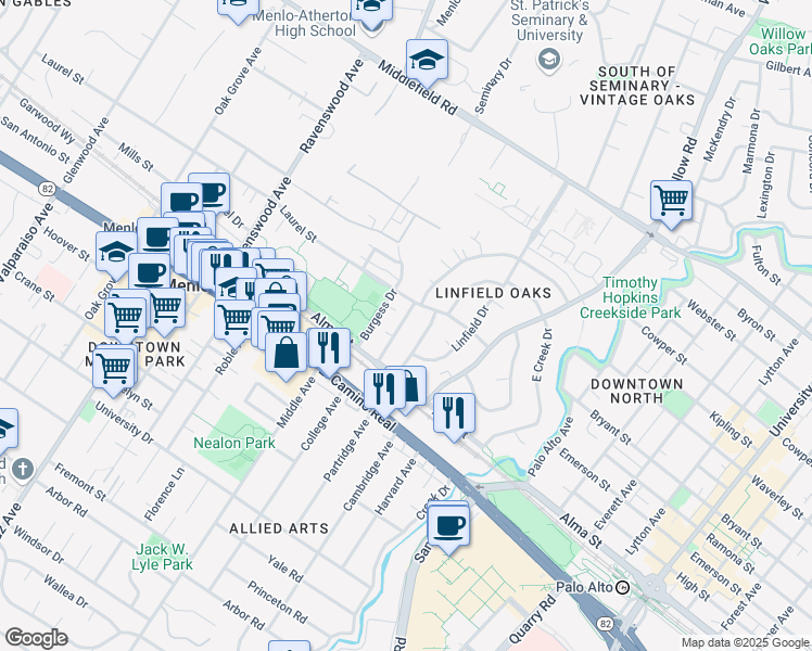 map of restaurants, bars, coffee shops, grocery stores, and more near 411 Waverley Street in Menlo Park