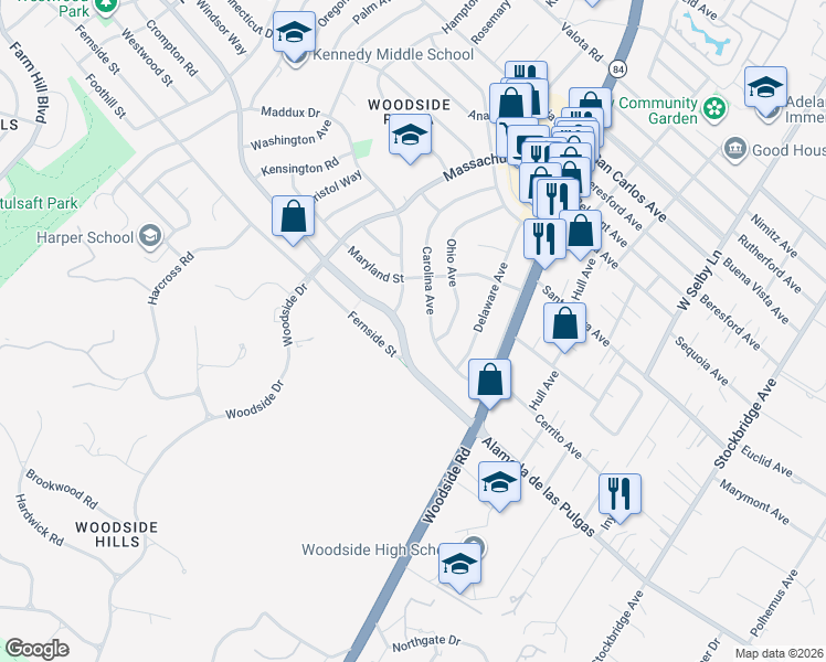 map of restaurants, bars, coffee shops, grocery stores, and more near 2766 Carolina Avenue in Redwood City